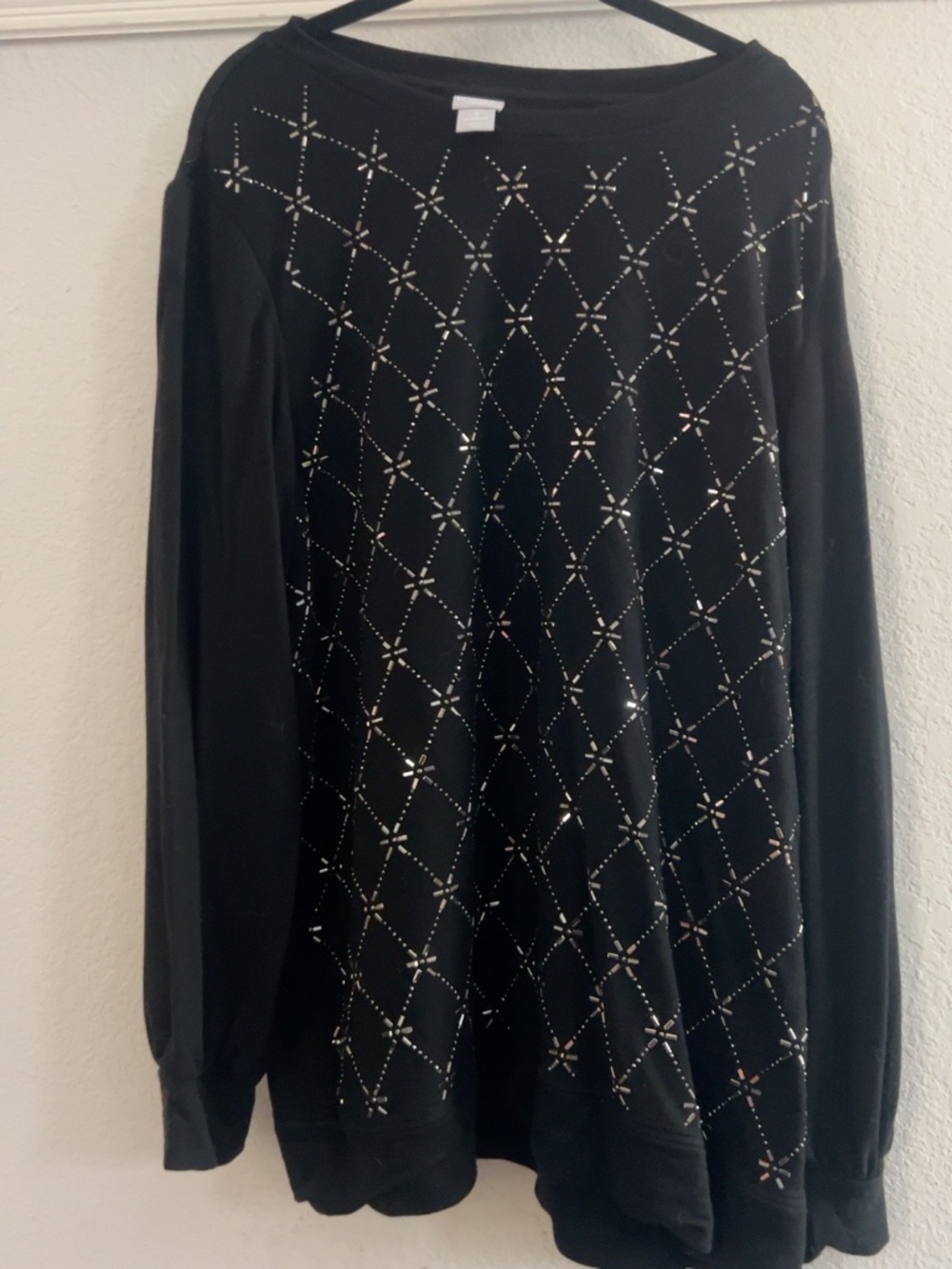 Chico’s Zenergy Black Embellished Tunic Top Size 3 16 18 Rhinestone Stud